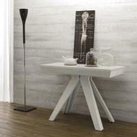Strange stylish extendable console table - close position, white open pore melamine top and white lacquered metal structure