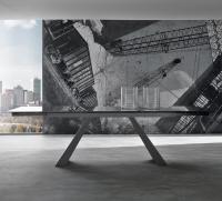 Extending Desire table with charcoal lacquered glass top and matching lacquered metal frame 