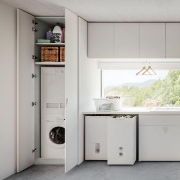 Wide moderner Hochschrank in der Ausführung 2-türig für die Waschmaschine und den Trockner h.cm 255,1cm und 2 zusätzliche oberen Regalböden