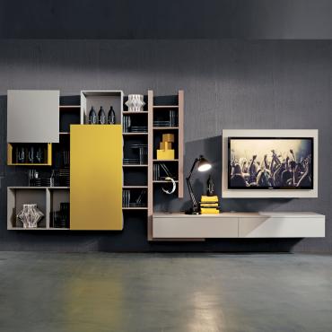 Hängendes Wohnwand mit Bücherregalen, Schränken und drehbarem TV - (gelb matt lackiert nicht verfügbar)