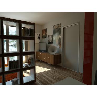 Progettazione 3D Open Space Monolocale - zona soggiorno vista dalla cucina