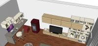 3D Raumplanung von dem Wohnzimmer - Ansicht von dem Sofa und Home-Office