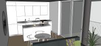 3D Raumplanung von dem Wohnzimmer - Ansicht von der Küche und von dem Essraum