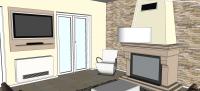 3D-Raumplanung von einem Wohnzimmer - Ansicht von dem Relaxraum - Detail von dem TV- Paneel und von dem Schaukelsessel