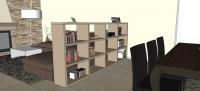 3D-Raumplanung von einem Wohnzimmer - Ansicht von dem Relaxraum - Detail von dem zweiseitig zugänglichen Bücherregal