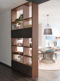 Doppelseitiges Bücherregal mit Durchreichefächern und doppelter Aussicht auf Eingang und Wohnzimmer