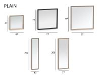 Alle verfügbaren Größen von Spiegeln mit Plain-Rahmen. Jeweils konfigurierbar in verschiedenen Ausführungen