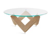 Runder Tisch mit skulpturaler Basis Even - Platte aus transparentem Glas und Basis in Holzessenz Eiche natur