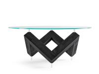 Runder Tisch mit skulpturaler Basis Even - Platte aus transparentem Glas und Basis aus Holzessenz Esche gebeizt schwarz