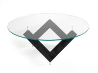 Runder Tisch mit skulpturaler Basis Even - Platte aus transparentem Glas und Basis aus Holzessenz Esche gebeizt schwarz