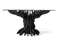 Runder Tisch mit geformtem Fuß aus Birke, extraklare Glasplatte Ø 165 cm