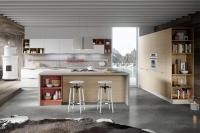 Cucina bianca e legno Five 05 con numerosi mobili a giorno laccati opachi od effetto legno