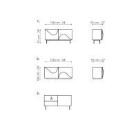 Diagramme und Maße - 1) Maße des zweitürigen Sideboards mit Fuß - 2) Maße des zweitürigen Sideboards mit Sockel - 3A) Seitenregal aus melaminharzbeschichteter Platte