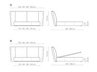 Modell und Maße des Doppelbetts Youniverse mit weichem Kopfteil von Bonaldo: A) ohne Staukasten B) mit Staukasten