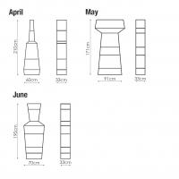 Zeichnung und Maße von April, May und June Design Bücherregalen