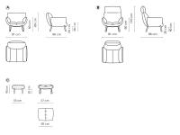 Modell und Maße Pil-Sessel von Bonaldo: A) Lounge-Version B) Version mit Kopfstütze C) optionaler Fußhocker