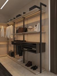 Begehbarer Kleiderschrank Venus Lounge mit Wandstützen, ausziehbaren Fächern und LED-Leisten