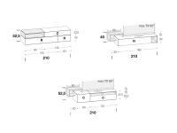 TV-Lowboard aus Holz California - Diagramme und Maße der 210 cm-Modelle für freistehende oder hängende TV-Geräte