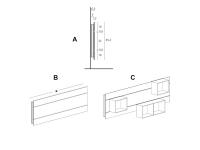 A) Positionierungs-/Abstandsmaße am Kopfteilpaneel - B) Kopfteilpaneel in Größen bis zu 320 cm erhältlich - C) offene Elemente frei auf der Paneele positionierbar