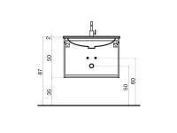 Schema mit indikativen Maßen für den Zusammenbau eines Badezimmerschranks mit einem eingebauten Waschbecken obenauf