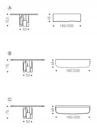 Modelle und Maße der Skyline Wandkonsole: A) rechteckig mit unregelmäßigem Rand B) rechteckig mit abgerundeten Ecken C) rechteckig mit abgerundeten Ecken und Keramikeinsatz