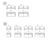 Modelle und Maße: A) lineares Sofa B) lineare Klemmen