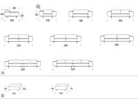 Maßbilder des modularen Designersofas Biarritz: A) lineares Sofa und Sessel B) Hocker