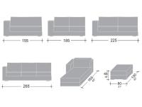 Diagramme und Abmessungen der modularen Elemente des Sofas Sparks. Die Breiten sind mit großer Armlehne, im Falle der linearen Armlehne müssen 10 cm abgezogen werden.
