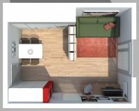 3D Raumplanung und Einrichtung einer Einzimmerwohnung - Draufsicht