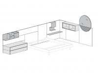 Schema einer möglichen Freeport-Zusammenstellung, die sich aus der Kombination des Bettes mit den Wandpaneelen und dem aufgehängten Zubehör ergibt