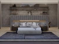 Lounge-Polsterbett in der Version mit Spots, offenem Fach und LEDs sowohl in der Nische als auch auf dem oberen Ablagefach