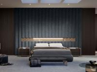 Das Kopfteil mit offenem Fach des Lounge-Bettes kann mit verschiedenen Optionen ausgestattet werden, wie z.B. mit Spots und diffusen LED-Leuchten