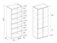 All-in-Bücherregal für Cabrio-Bett - Diagramme und Maße der Regalelemente mit 6 Fächern von 50 und 95 cm, mit Beispiel einer saisonalen Tür (eine von mehreren möglichen Konfigurationen)