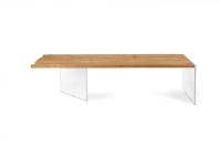Florian Tisch mit naturbelassener Massivholzplatte und Beinen aus extra klarem Glas
