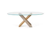 Haynes Tisch mit extraklarer Glasplatte und beigen Metall- und naturbelassenen säkularen Holzbeinen