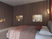 Eleganter Schlafbereich mit dekorativen Nischen und Modul mit Biokamin