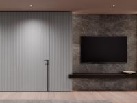 TV-Boiserie mit integrierter Beleuchtung Wohnzimmer: 12 cm starkes Regal mit Raucheichenfurnier.