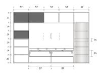 Zeichnung der Version 303 cm A des Wohnwandschranks Way 27, mit speziellen Abmessungen (rechts) für die Innenschublade und die wandhängenden Unterschränke.