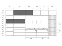 Zeichnungen der 393 cm Version B des Way 27 Wohnwandschranks, mit eigenen Abmessungen (rechts) für die Innenschublade und die hängenden Unterschränke.