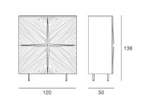 Zeichnungen und Maße des Design-Sideboards mit skulpturalen Stella-Türen in der Sideboard-Version