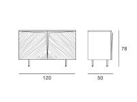 Zeichnungen und Maße des Design-Sideboards mit skulpturalen Stella-Türen in der 2-türigen Version