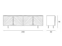 Zeichnungen und Maße des Design-Sideboards mit skulpturalen Stella-Türen in der 4-türigen Version