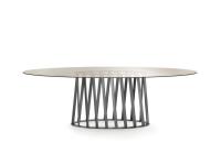 Tisch mit Globo-Fuß aus perforiertem Metall und ovaler Platte aus bronziertem, transparentem Glas
