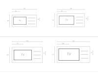 Schema der Maße des TV Wandpaneels mit Rahmen und Regalböden (Beispiel mit Fernseher 40'', 46'', 55'' und 65'')
