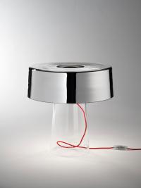 Glam-Tischlampe mit transparentem Glasfuß und Spiegelglasdiffusor, rotes Kabel aus Stoff