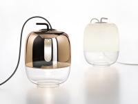 Paar Tischlampen Gong aus mundgeblasenem Glas, kleine Version in der Ausführung Transmirror Kupfer und Weiß
