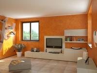 Raumplanung zur Einrichtung von einem orangen Wohnzimmer - Bildsynthese
