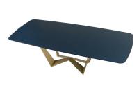 Reverse Tisch mit blauer Platte aus gehämmertem Glas und mattgoldenem Metallgestell