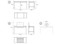 Horus Schreibtisch - spezifische Maße: A) Tischmaße mit geschlossenem Staufach B) Tischmaße mit offenem Staufach C) optionaler runder Spiegel