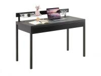 Moderner Schreibtisch mit Schublade unter der Platte, mit zusätzlicher Aluminiumstange und aufgehängten Polycarbonathaltern